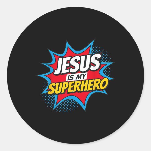 Sticker Rond Jésus Est Mon Chrétien Superhéros (Devant)
