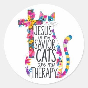 Sticker Rond Jésus Est Mon Sauveur Les Chats Sont Ma Thérapie D
