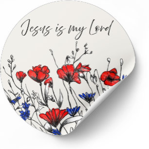 Sticker Rond Jésus est mon Seigneur Art floral chrétien Pavots 