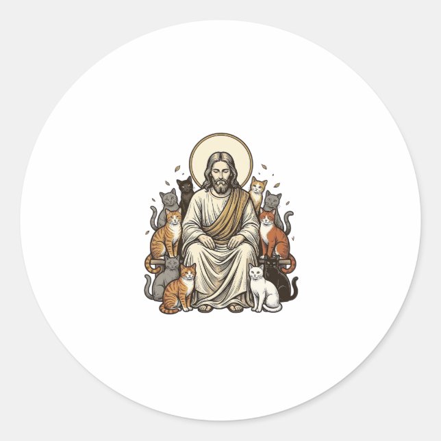 Sticker Rond Jésus et Chats Vintage (Devant)