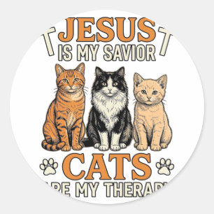 Sticker Rond Jésus et les chats sont ma thérapie Vintage T-shir