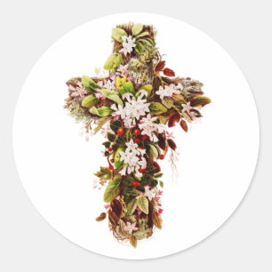Sticker Rond Jésus Fleur de Pâques croix de dimanche 