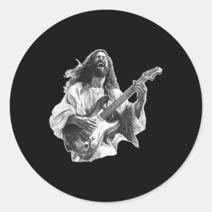 Sticker Rond Jésus Le Rocher Solide Jouant De La Guitare Électr