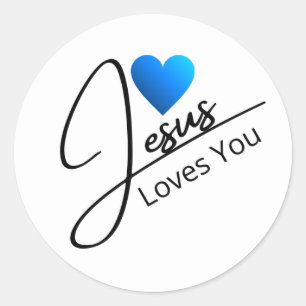 Sticker Rond Jesus Love You Black Script Blue Heart