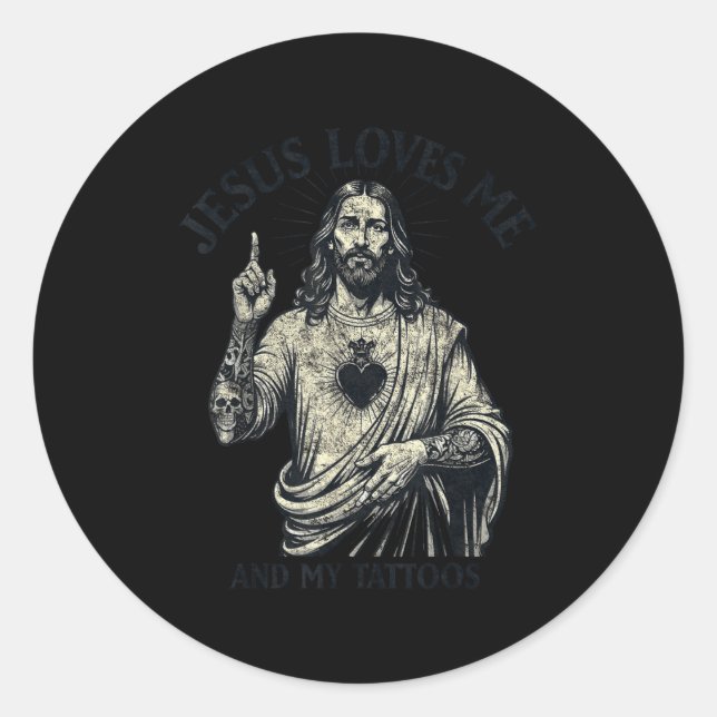 Sticker Rond Jesus Loves Me And My Tattoos Christian Tattooed T (Devant)