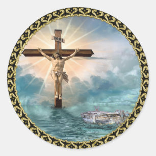 Sticker Rond Jésus pendant d'une croix chrétienne de