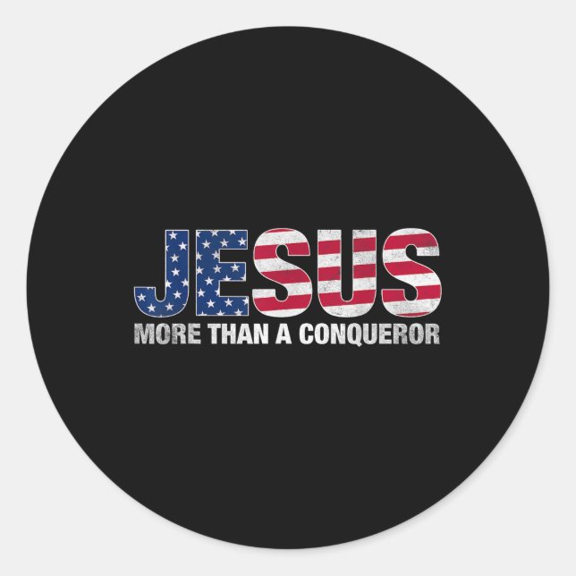 Sticker Rond Jésus Plus Qu'Un Conquérant Drapeau Américain (Devant)