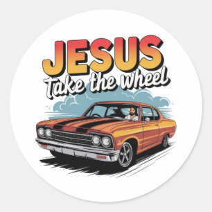 Sticker Rond Jesus Prend le Volant Voiture Musclée Vintage
