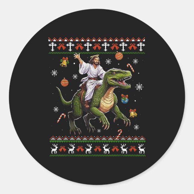 Sticker Rond Jesus Riding Dinosaur Funny Meme Ugly Christmas Sw (Devant)