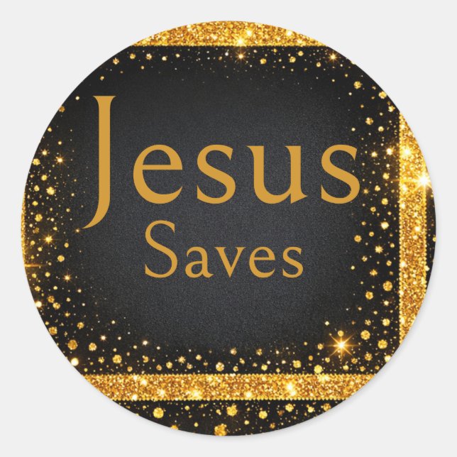 Sticker Rond Jésus Sauve, Or Noir Points, Rayures Luxe (Devant)