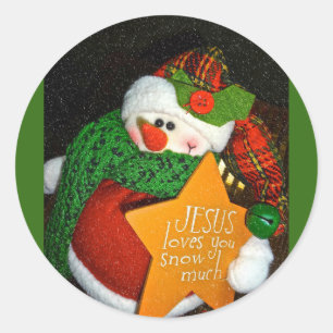 Sticker Rond Jésus T'Aime Beaucoup De Neige ! Christian Snowman