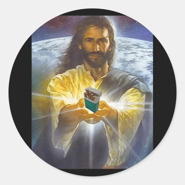 Sticker Rond Jésus tenant des cigarettes, Drôle Jésus (Devant)