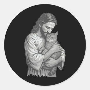 Sticker Rond Jésus tenant un chat