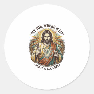 Sticker Rond Jésus Verre à Bière Vide Cassé Barman Boisson Humo