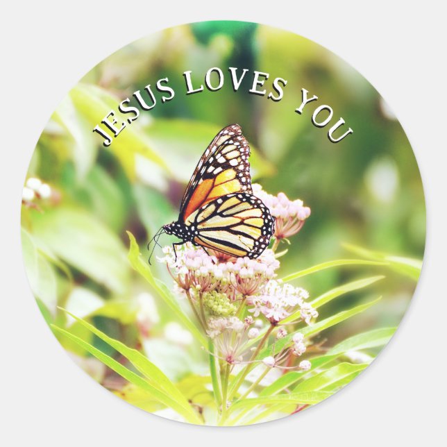 Sticker Rond Jésus vous aime Papillon chrétien floral (Devant)