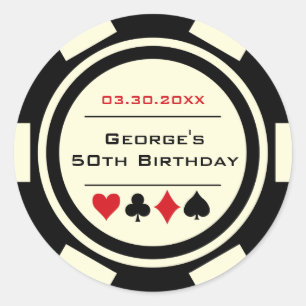 Sticker Rond Jeton de poker noir sur fond blanc pour anniversai