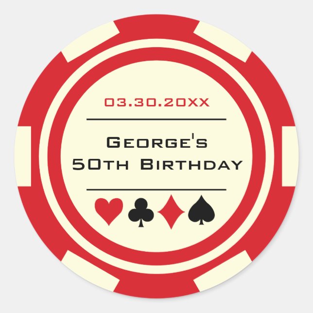 Sticker Rond Jetons de poker Fun Anniversaire Rouge Blanc cassé (Devant)