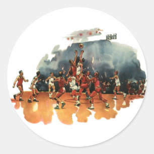 Sticker Rond Jeu De Basketball vintage, Joueurs De Basketball