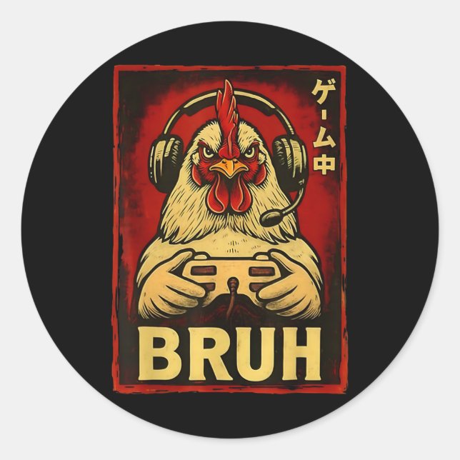 Sticker Rond Jeu de poulet Bruh drôle de manette de jeu vidéo G (Devant)