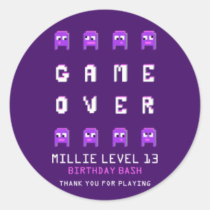 Sticker Rond Jeu sur monstre violet fête d'anniversaire merci