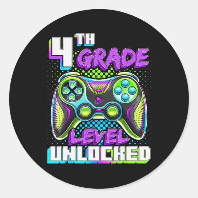 Sticker Rond Jeu vidéo déverrouillé de 4e année à l'école (Devant)