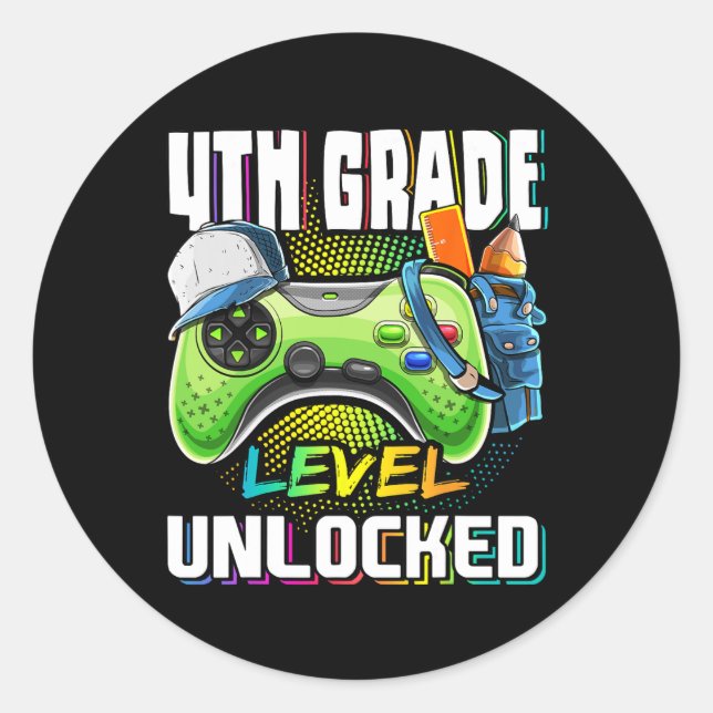Sticker Rond Jeu vidéo déverrouillé de 4e année à l'école (Devant)