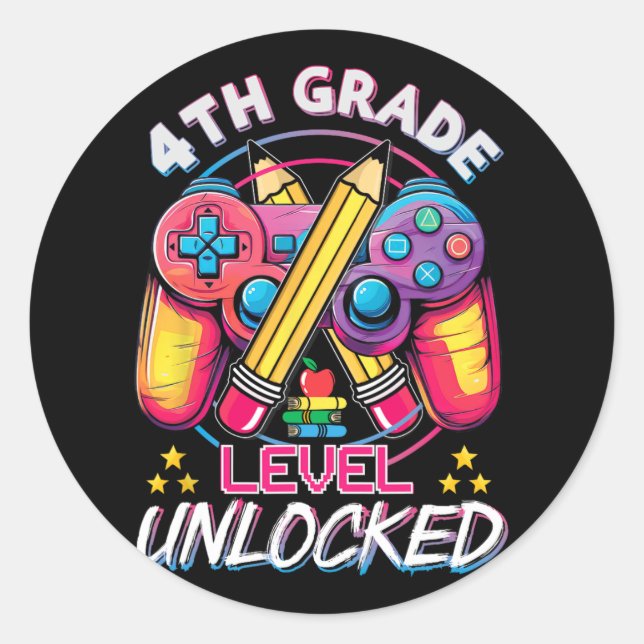 Sticker Rond Jeu vidéo déverrouillé de 4e année à l'école (Devant)