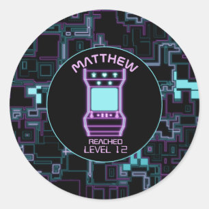 Sticker Rond Jeu vidéo Pink and Blue Retro Arcade