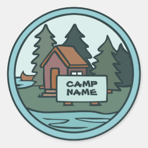 Sticker Rond Jeune camp d'été île cabine avec panneau personnal