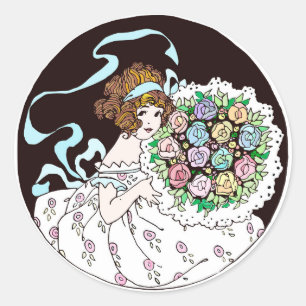 Sticker Rond Jeune Fille aux Fleurs des Années 1920 Tenant un B