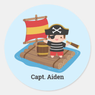 Sticker Rond Jeune garçon pirate mignon sur radeau Enfants Pers