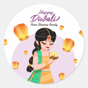 Sticker Rond Jeune Indienne avec lanternes flottantes Joyeux Di