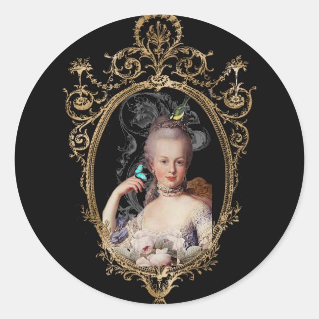 Sticker Rond Jeune Marie Antoinette sur enveloppe noire (Devant)