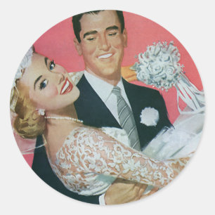Sticker Rond Jeune marié portant sa femme lors d'un mariage vin