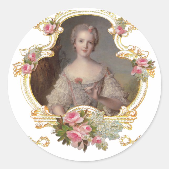 Sticker Rond Jeune Reine Marie Antoinette Cartes Roses Roses Ro (Devant)