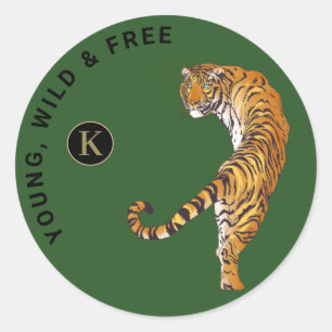 Sticker Rond Jeune, sauvage et libre Tigre Monogramme Arrière -
