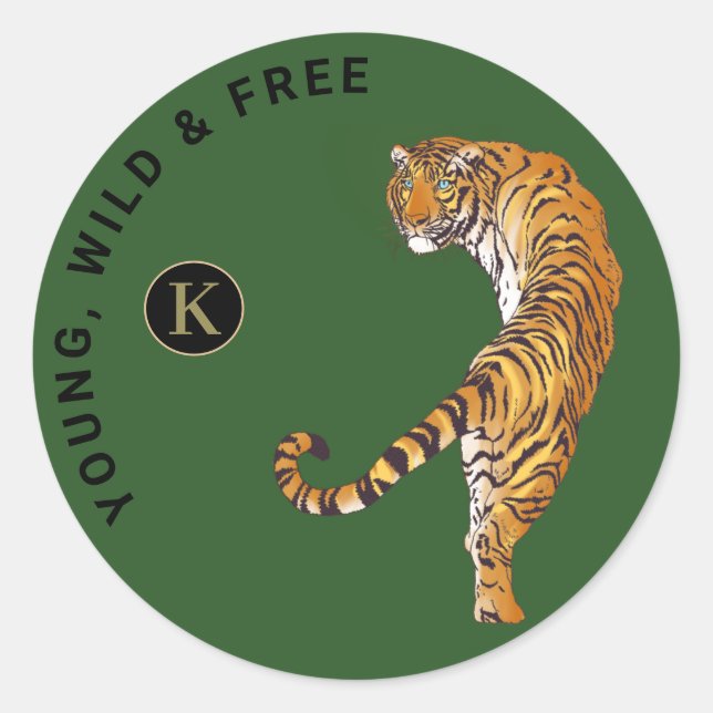 Sticker Rond Jeune, sauvage et libre Tigre Monogramme Arrière - (Devant)