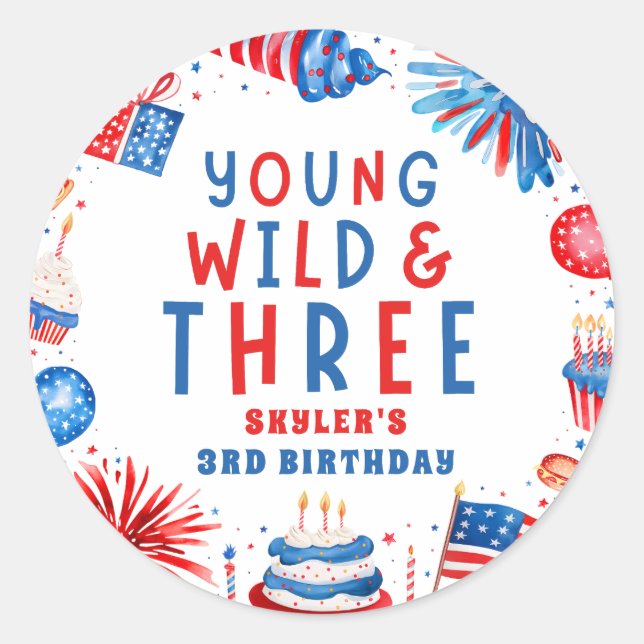 Sticker Rond Jeune Sauvage et Trois 4 Juillet 3e Anniversaire (Devant)