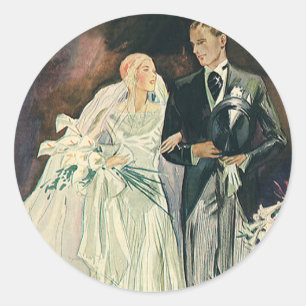Sticker Rond Jeunes mariés de mariage vintage, heureuse mariée