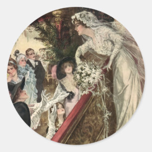 Sticker Rond Jeunes mariés vintage, mariée victorienne lançant