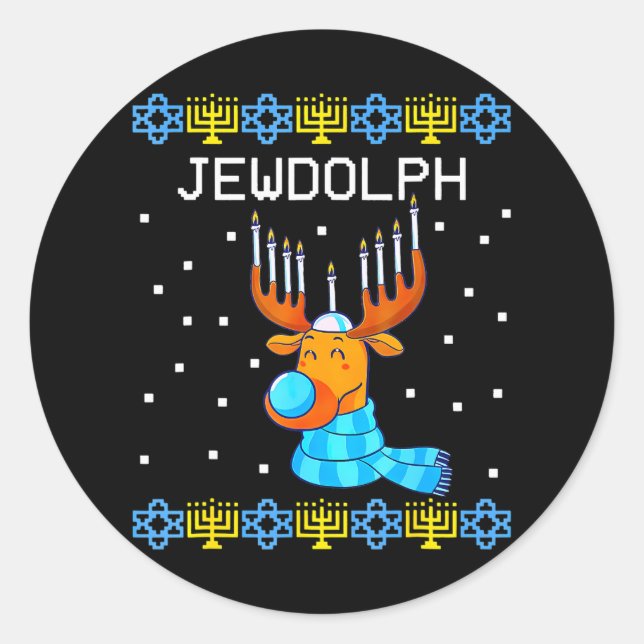Sticker Rond Jewdolph Ugly Hanoukka Reindeer Menorah Chanukah (Devant)