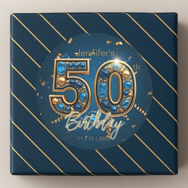 Sticker Rond Jeweled Sapphire Blue and Gold 50th Birthday  (Créateur téléchargé)
