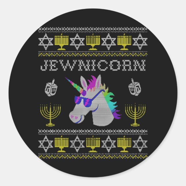 Sticker Rond Jewnicorn Funny Jewish Unicorn Hanoukka Chanukah (Devant)