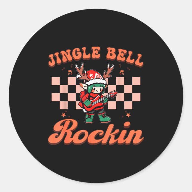 Sticker Rond Jingle Bell Rocking Christmas Elf Rock N Roll Guit (Devant)