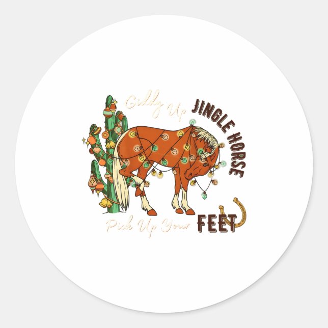 Sticker Rond Jingle Funny Horse Ck Up Your Feet Cactus Western, (Devant)