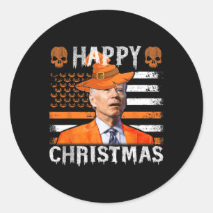 Sticker Rond Joe Biden Joyeux Halloween Joyeux Noël Drapeau amé