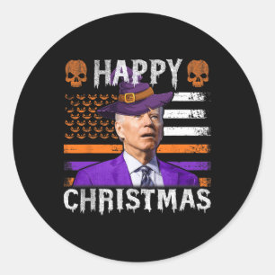 Sticker Rond Joe Biden Joyeux Halloween Joyeux Noël NOUS Drapea