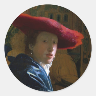 Sticker Rond Johannes Vermeer - Fille avec un Casquette rouge