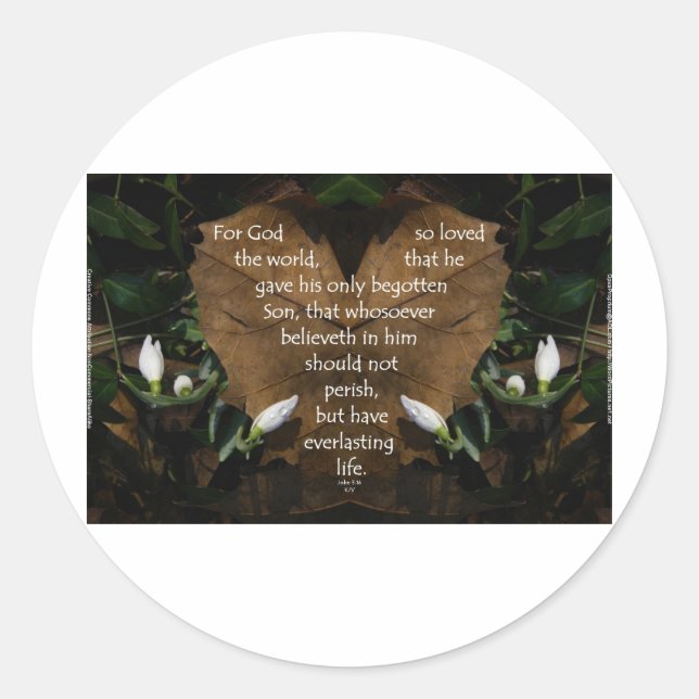 Sticker Rond john 3:16 le roi james sur heart leaf (Devant)
