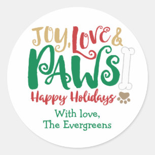 Sticker Rond Joie Amour PATES Chien Joyeuses Fêtes